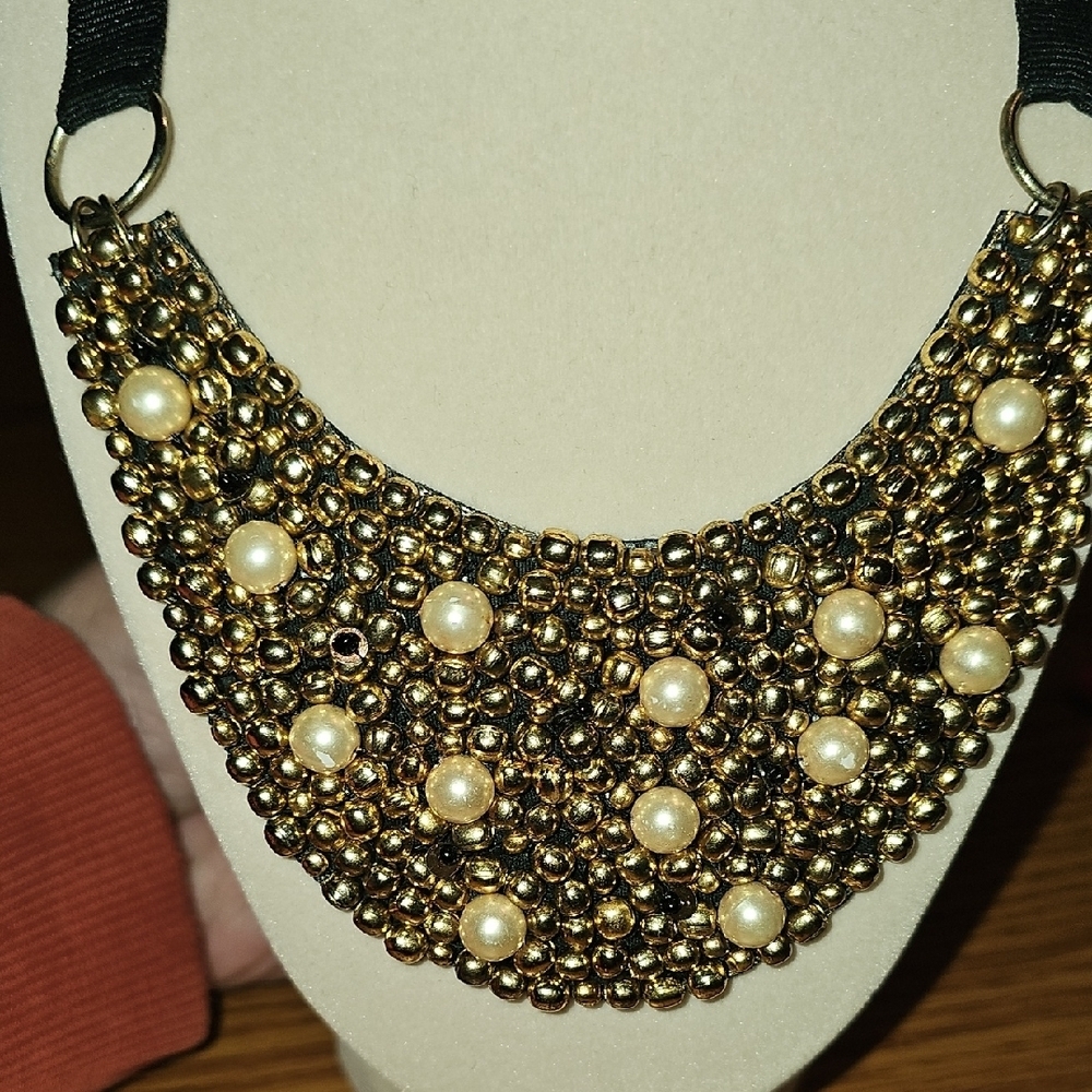 Gold Beaded Statement Necklace with Cream Pearls - Women Jewelry